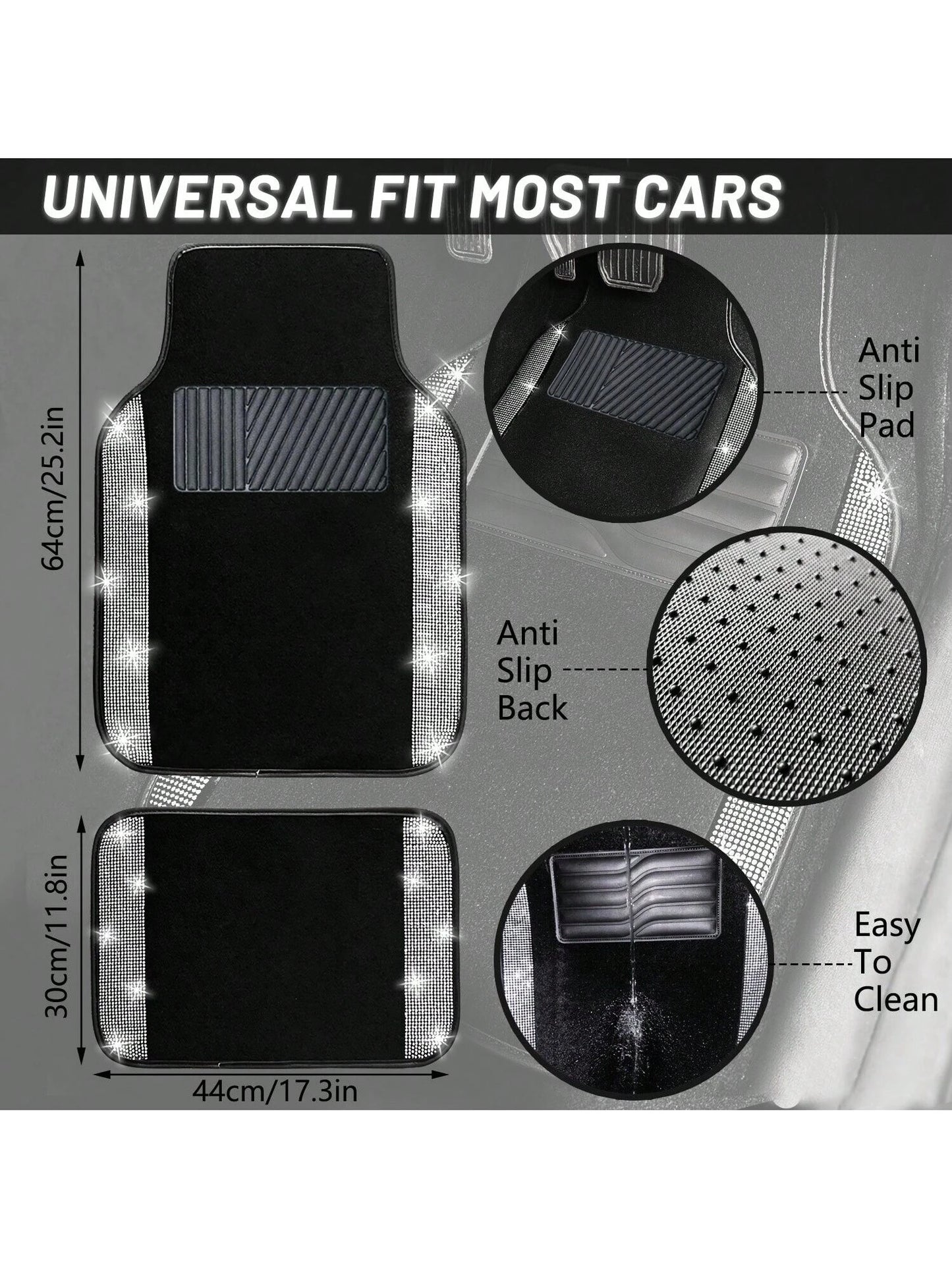 Bling Car Floor Mats Full Set, Universal Fit Most Cars,SUV, Trucks, 4 Pcs Sparkle Glitter Diamond Carpet For Women Girls With Anti-Slip Pad