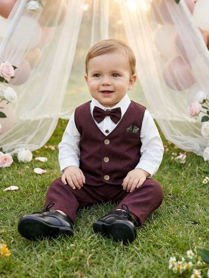 BOARNSEORL 3pcs Baby Boys Gentleman Outfit Set: White Long Sleeve Shirt With Bow Tie, Burgundy Vest, And Pants, Fashionable & Elegant For Birthday Party, Wedding, Formal Events
