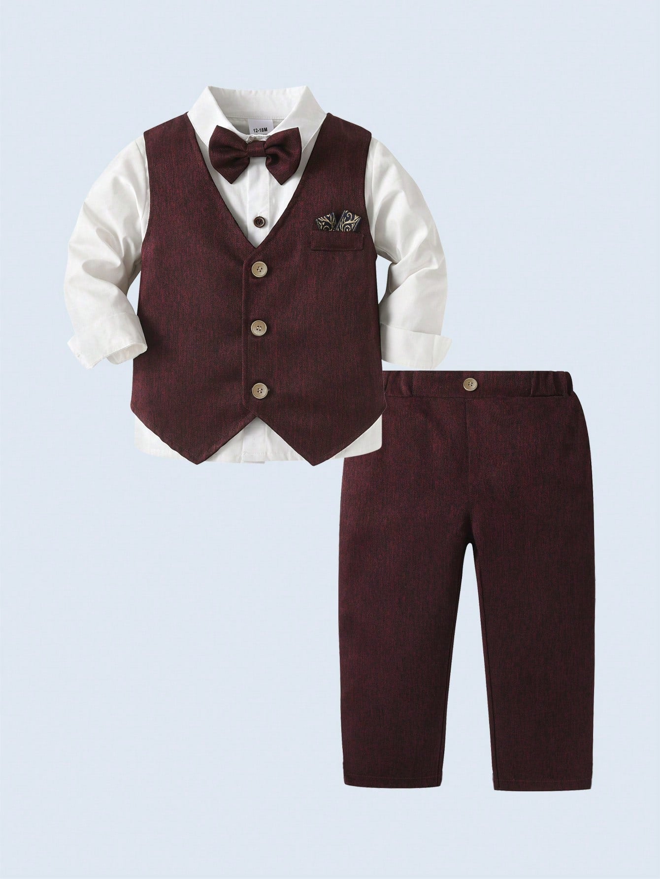 BOARNSEORL 3pcs Baby Boys Gentleman Outfit Set: White Long Sleeve Shirt With Bow Tie, Burgundy Vest, And Pants, Fashionable & Elegant For Birthday Party, Wedding, Formal Events