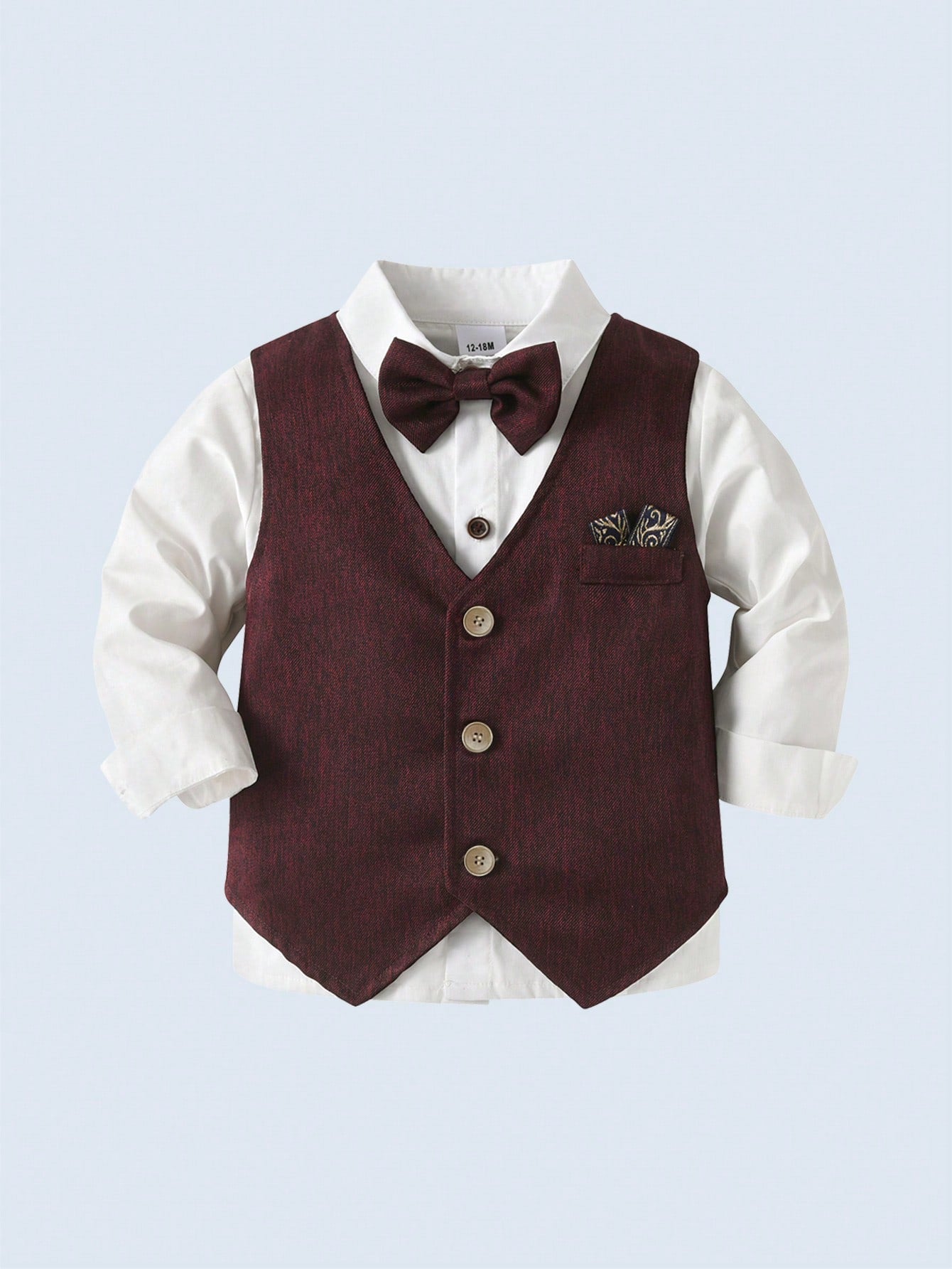 BOARNSEORL 3pcs Baby Boys Gentleman Outfit Set: White Long Sleeve Shirt With Bow Tie, Burgundy Vest, And Pants, Fashionable & Elegant For Birthday Party, Wedding, Formal Events