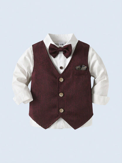 BOARNSEORL 3pcs Baby Boys Gentleman Outfit Set: White Long Sleeve Shirt With Bow Tie, Burgundy Vest, And Pants, Fashionable & Elegant For Birthday Party, Wedding, Formal Events