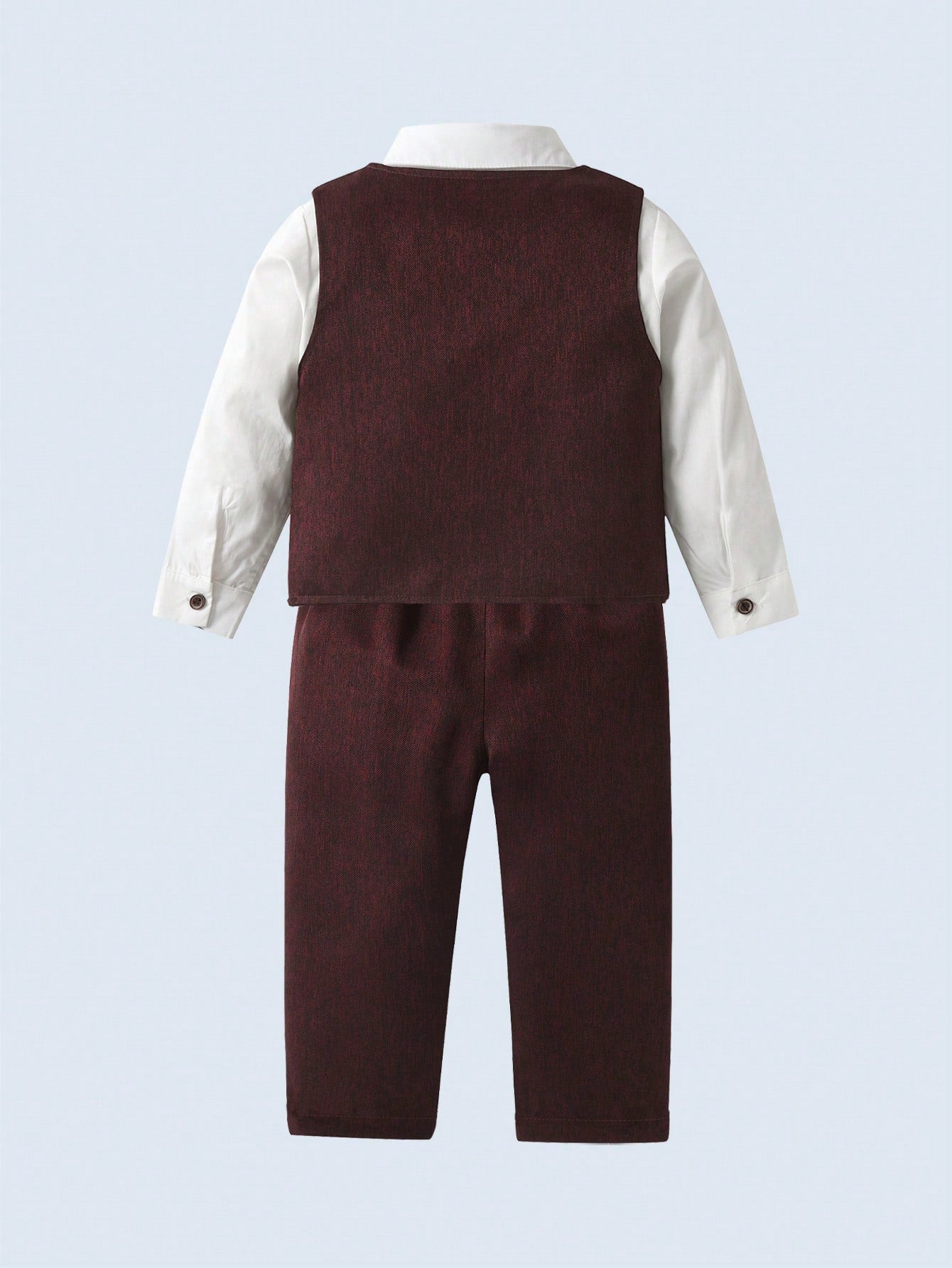 BOARNSEORL 3pcs Baby Boys Gentleman Outfit Set: White Long Sleeve Shirt With Bow Tie, Burgundy Vest, And Pants, Fashionable & Elegant For Birthday Party, Wedding, Formal Events