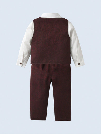 BOARNSEORL 3pcs Baby Boys Gentleman Outfit Set: White Long Sleeve Shirt With Bow Tie, Burgundy Vest, And Pants, Fashionable & Elegant For Birthday Party, Wedding, Formal Events