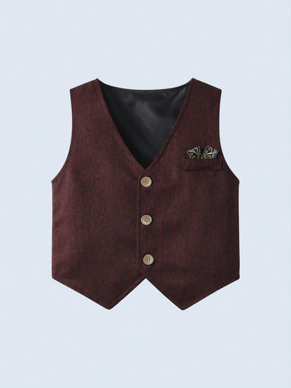 BOARNSEORL 3pcs Baby Boys Gentleman Outfit Set: White Long Sleeve Shirt With Bow Tie, Burgundy Vest, And Pants, Fashionable & Elegant For Birthday Party, Wedding, Formal Events