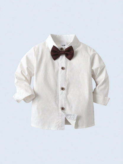 BOARNSEORL 3pcs Baby Boys Gentleman Outfit Set: White Long Sleeve Shirt With Bow Tie, Burgundy Vest, And Pants, Fashionable & Elegant For Birthday Party, Wedding, Formal Events