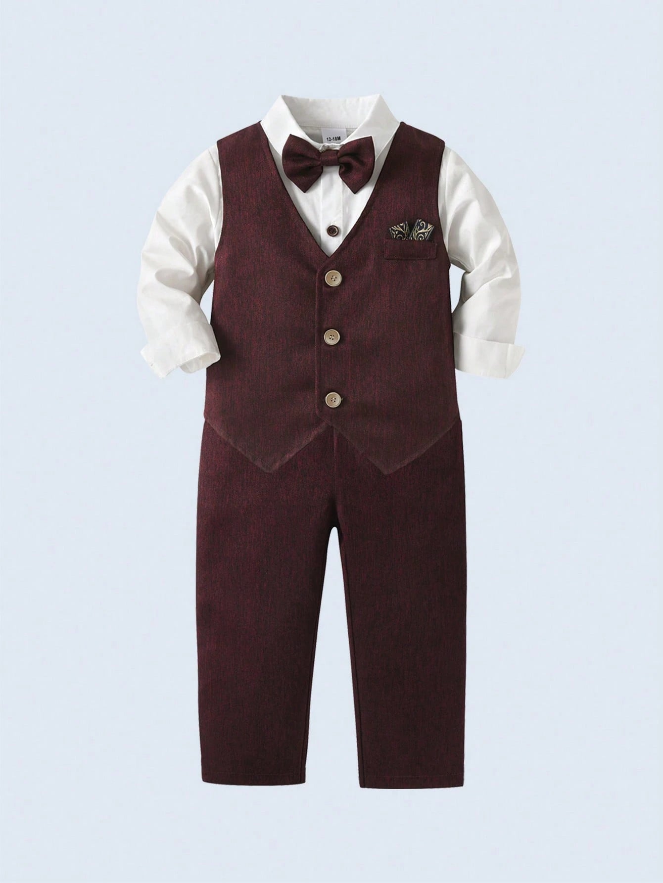 BOARNSEORL 3pcs Baby Boys Gentleman Outfit Set: White Long Sleeve Shirt With Bow Tie, Burgundy Vest, And Pants, Fashionable & Elegant For Birthday Party, Wedding, Formal Events