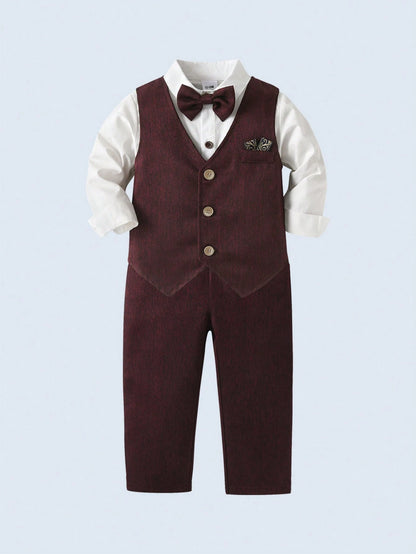 BOARNSEORL 3pcs Baby Boys Gentleman Outfit Set: White Long Sleeve Shirt With Bow Tie, Burgundy Vest, And Pants, Fashionable & Elegant For Birthday Party, Wedding, Formal Events