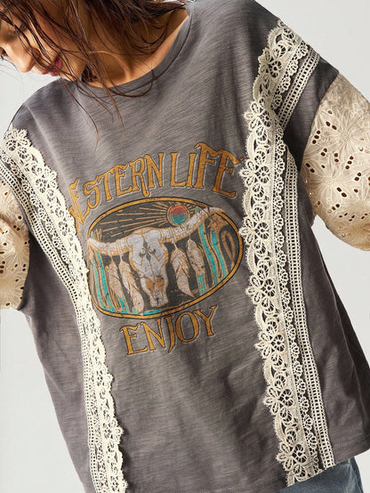 Bohemela Plus Size Casual Vintage Hollow Out Embroidered & Contrast Lace T-Shirt,Holiday For Women