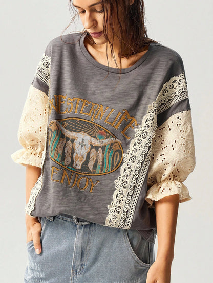 Bohemela Plus Size Casual Vintage Hollow Out Embroidered & Contrast Lace T-Shirt,Holiday For Women
