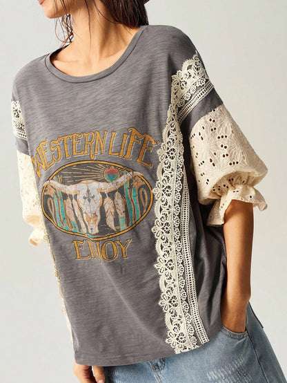 Bohemela Plus Size Casual Vintage Hollow Out Embroidered & Contrast Lace T-Shirt,Holiday For Women