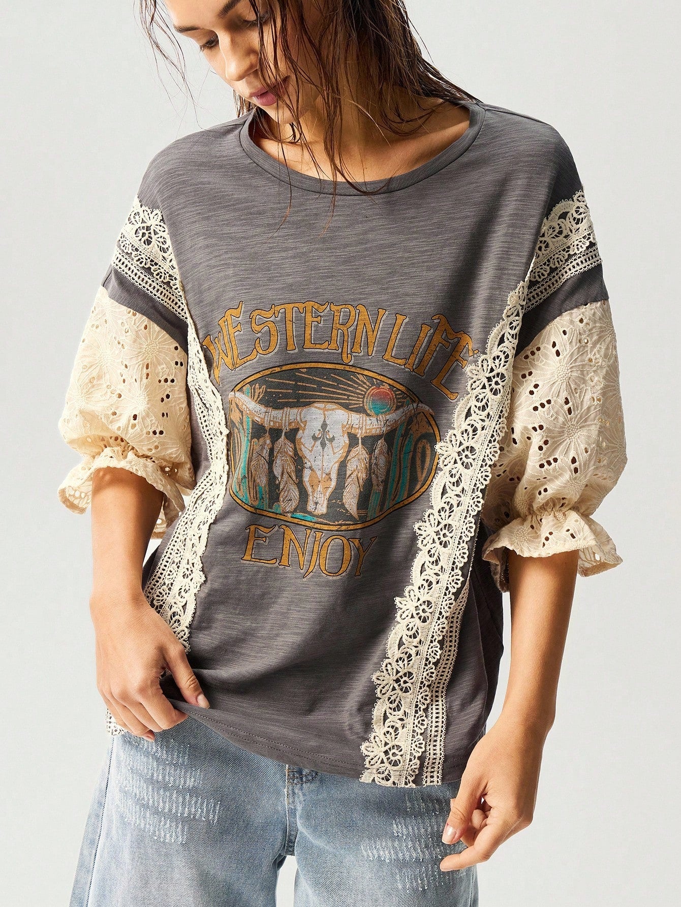 Bohemela Plus Size Casual Vintage Hollow Out Embroidered & Contrast Lace T-Shirt,Holiday For Women