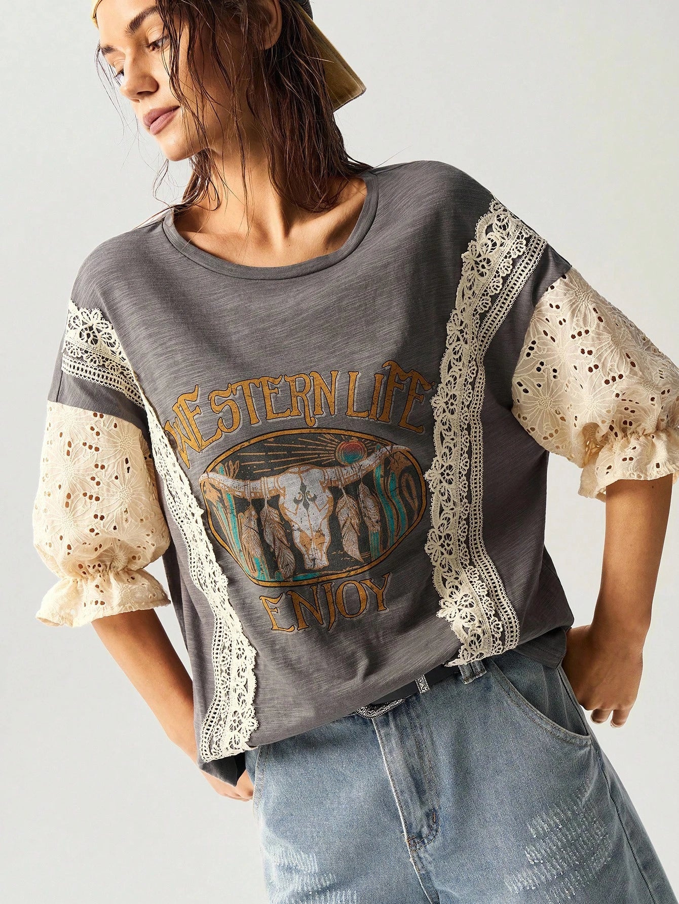 Bohemela Plus Size Casual Vintage Hollow Out Embroidered & Contrast Lace T-Shirt,Holiday For Women