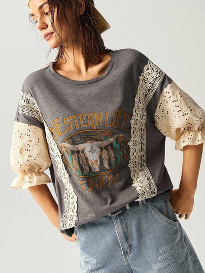 Bohemela Plus Size Casual Vintage Hollow Out Embroidered & Contrast Lace T-Shirt,Holiday For Women