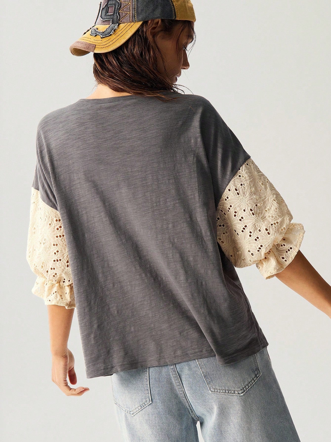 Bohemela Plus Size Casual Vintage Hollow Out Embroidered & Contrast Lace T-Shirt,Holiday For Women