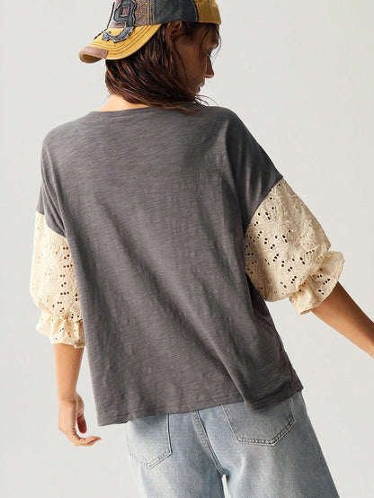 Bohemela Plus Size Casual Vintage Hollow Out Embroidered & Contrast Lace T-Shirt,Holiday For Women