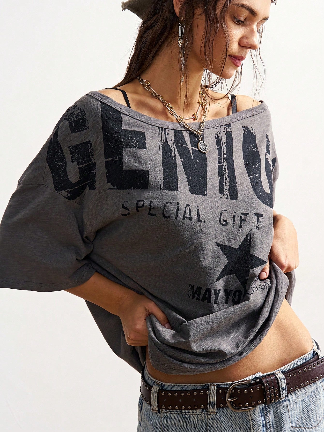 Bohemela Plus Size Summer Casual Letter Print Asymmetric Neck T-Shirt