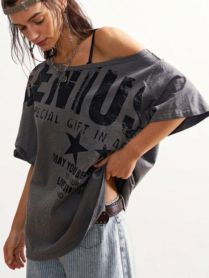 Bohemela Plus Size Summer Casual Letter Print Asymmetric Neck T-Shirt