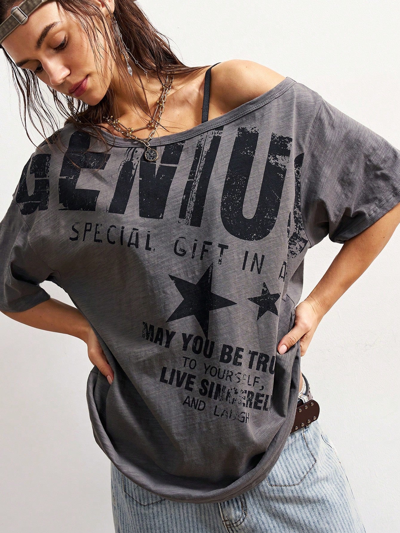 Bohemela Plus Size Summer Casual Letter Print Asymmetric Neck T-Shirt