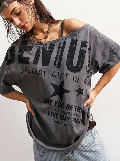 Bohemela Plus Size Summer Casual Letter Print Asymmetric Neck T-Shirt