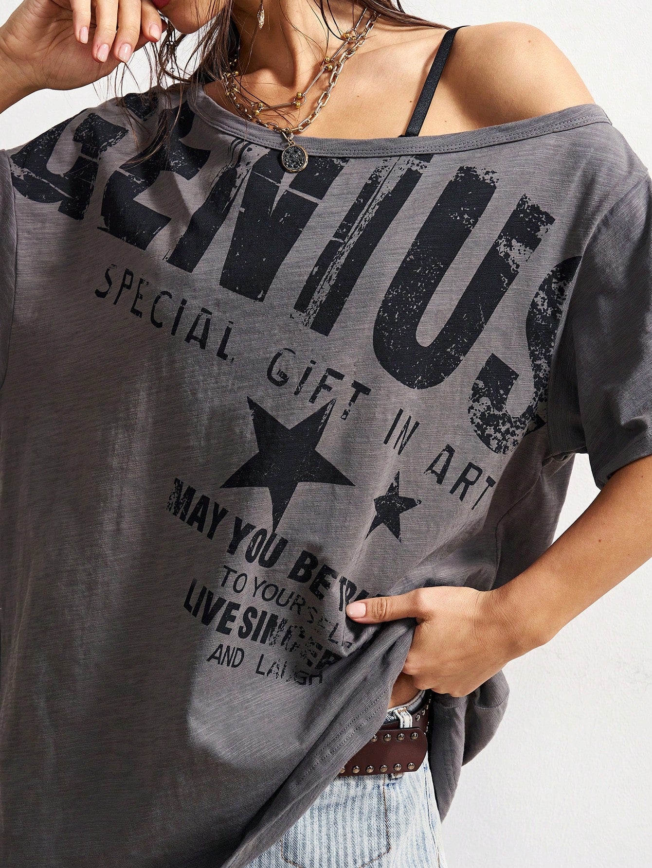 Bohemela Plus Size Summer Casual Letter Print Asymmetric Neck T-Shirt