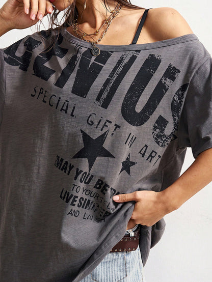 Bohemela Plus Size Summer Casual Letter Print Asymmetric Neck T-Shirt
