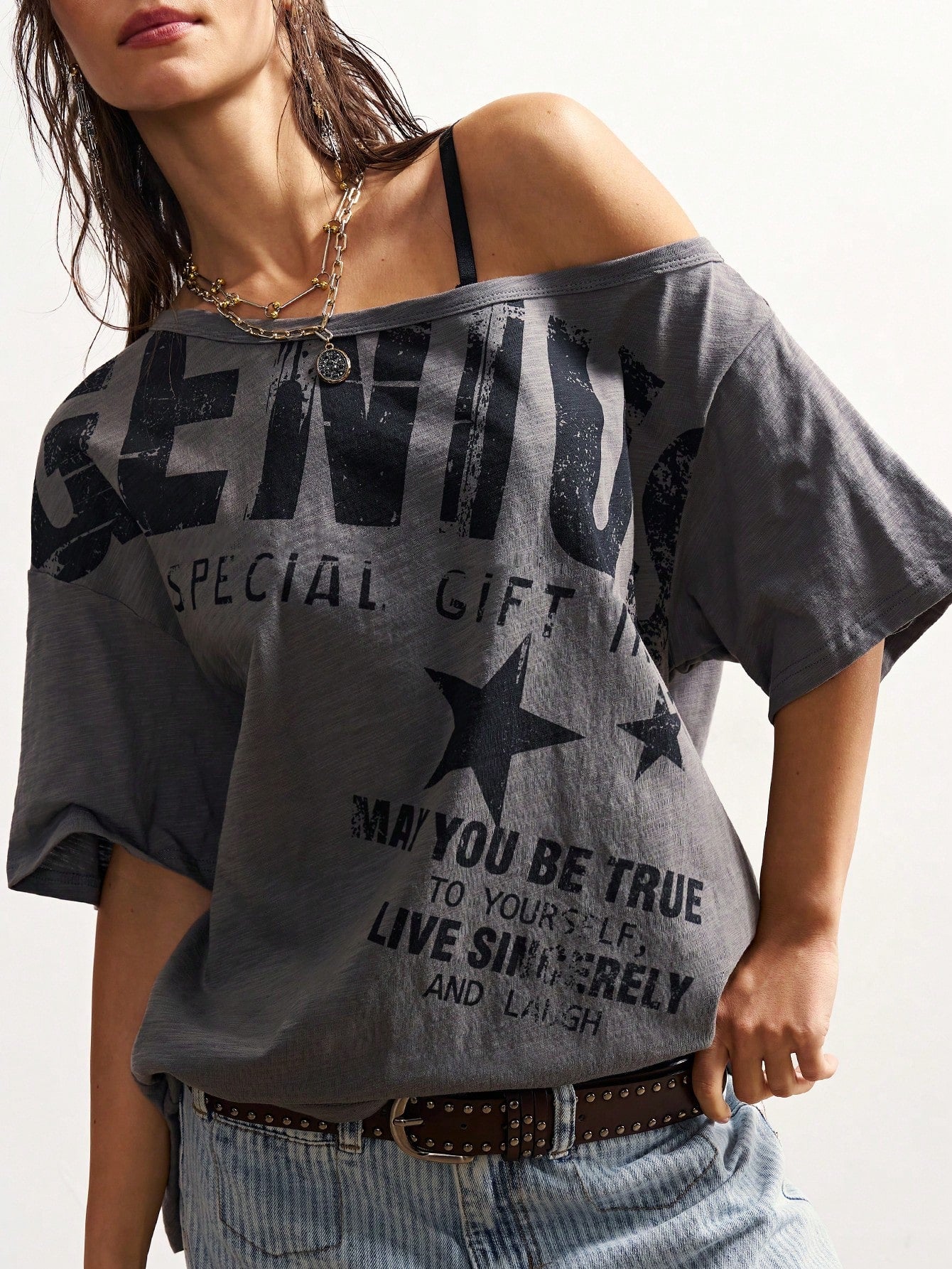 Bohemela Plus Size Summer Casual Letter Print Asymmetric Neck T-Shirt