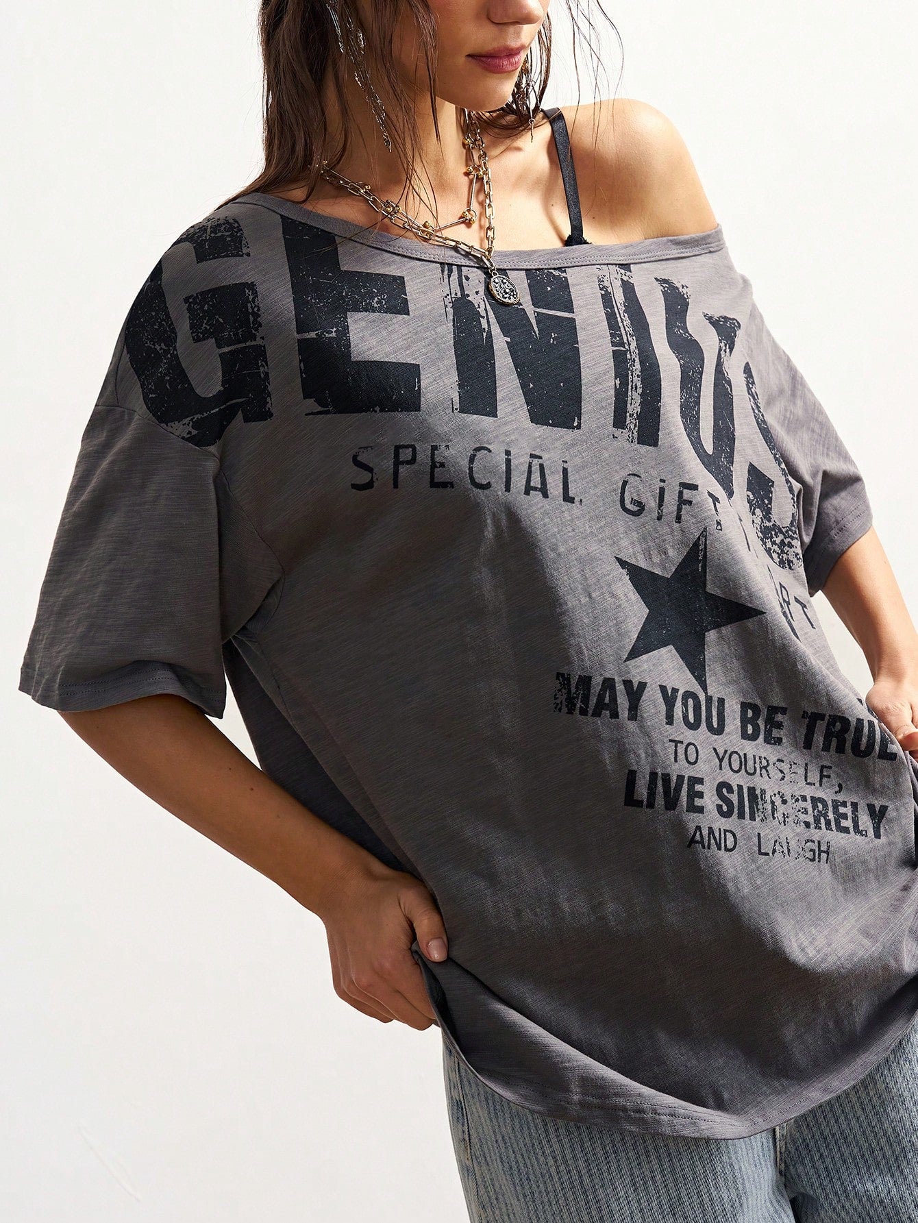 Bohemela Plus Size Summer Casual Letter Print Asymmetric Neck T-Shirt