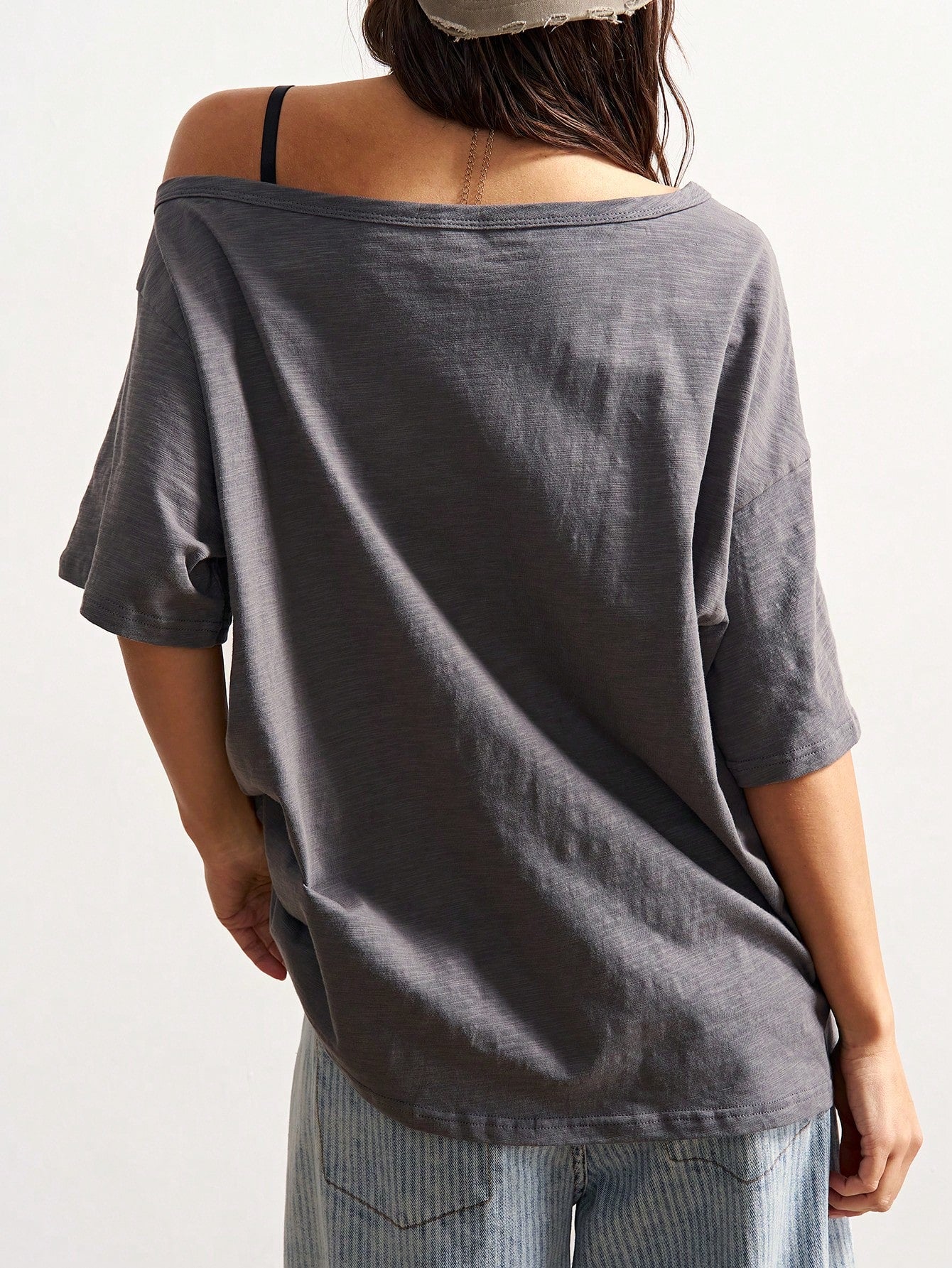 Bohemela Plus Size Summer Casual Letter Print Asymmetric Neck T-Shirt