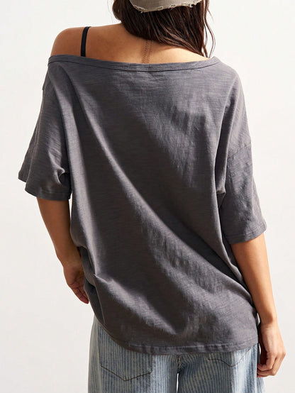 Bohemela Plus Size Summer Casual Letter Print Asymmetric Neck T-Shirt