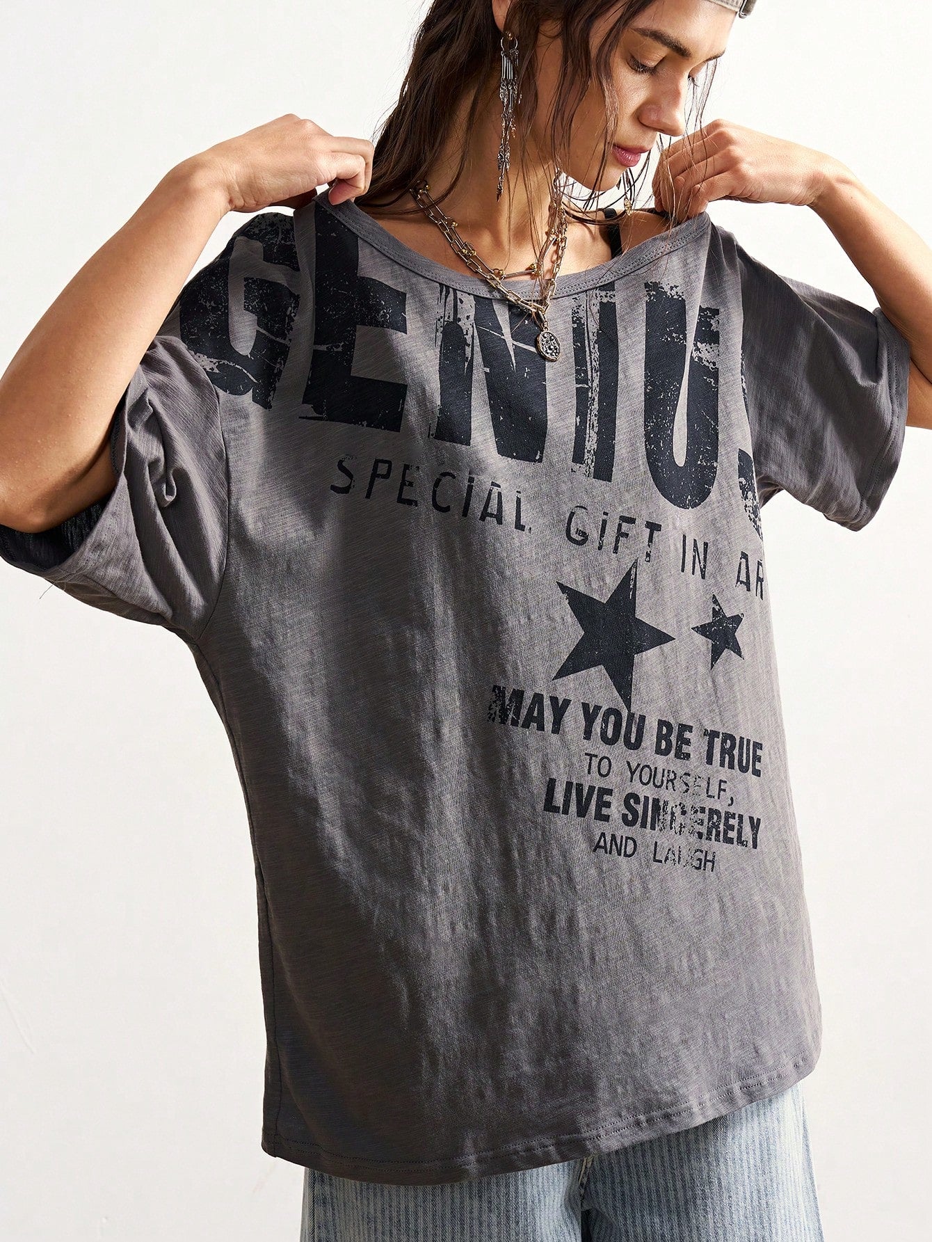Bohemela Plus Size Summer Casual Letter Print Asymmetric Neck T-Shirt