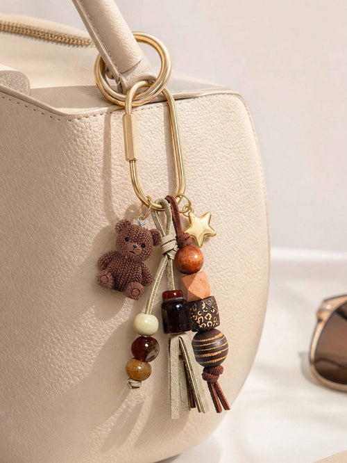 Bohemian Beaded Bag Charm, Vintage Beaded Keychain, Cute Bear And Star Pendant, Tassel Bag Charm, Brown Tone Bag Accessory, Neutral Style Wallet Charm, Handbag Accessory, Suitable For Keys, Wallets, H