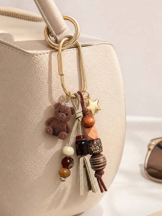 Bohemian Beaded Bag Charm, Vintage Beaded Keychain, Cute Bear And Star Pendant, Tassel Bag Charm, Brown Tone Bag Accessory, Neutral Style Wallet Charm, Handbag Accessory, Suitable For Keys, Wallets, H