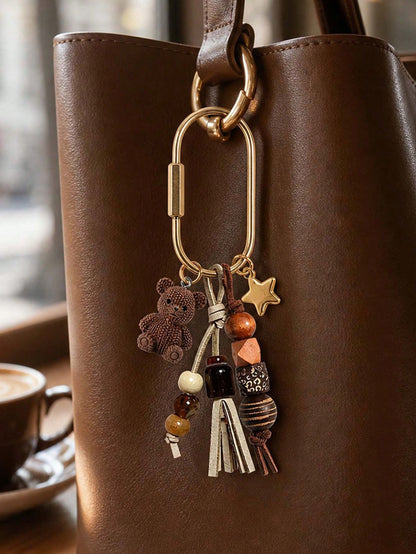 Bohemian Beaded Bag Charm, Vintage Beaded Keychain, Cute Bear And Star Pendant, Tassel Bag Charm, Brown Tone Bag Accessory, Neutral Style Wallet Charm, Handbag Accessory, Suitable For Keys, Wallets, H