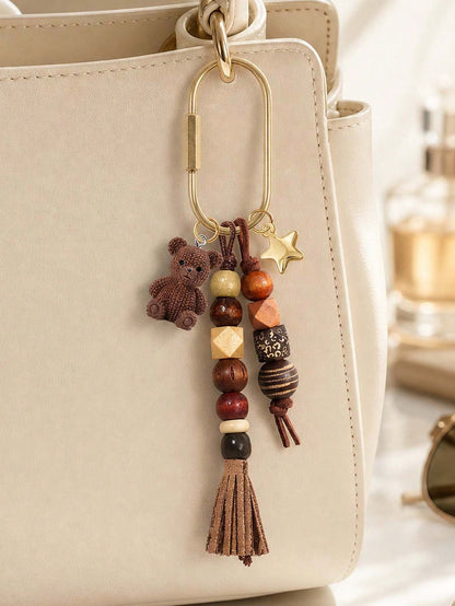 Bohemian Beaded Bag Charm, Vintage Beaded Keychain, Cute Bear And Star Pendant, Tassel Bag Charm, Brown Tone Bag Accessory, Neutral Style Wallet Charm, Handbag Accessory, Suitable For Keys, Wallets, H