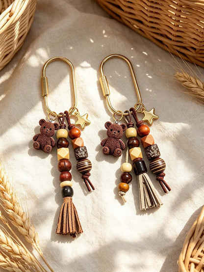 Bohemian Beaded Bag Charm, Vintage Beaded Keychain, Cute Bear And Star Pendant, Tassel Bag Charm, Brown Tone Bag Accessory, Neutral Style Wallet Charm, Handbag Accessory, Suitable For Keys, Wallets, H