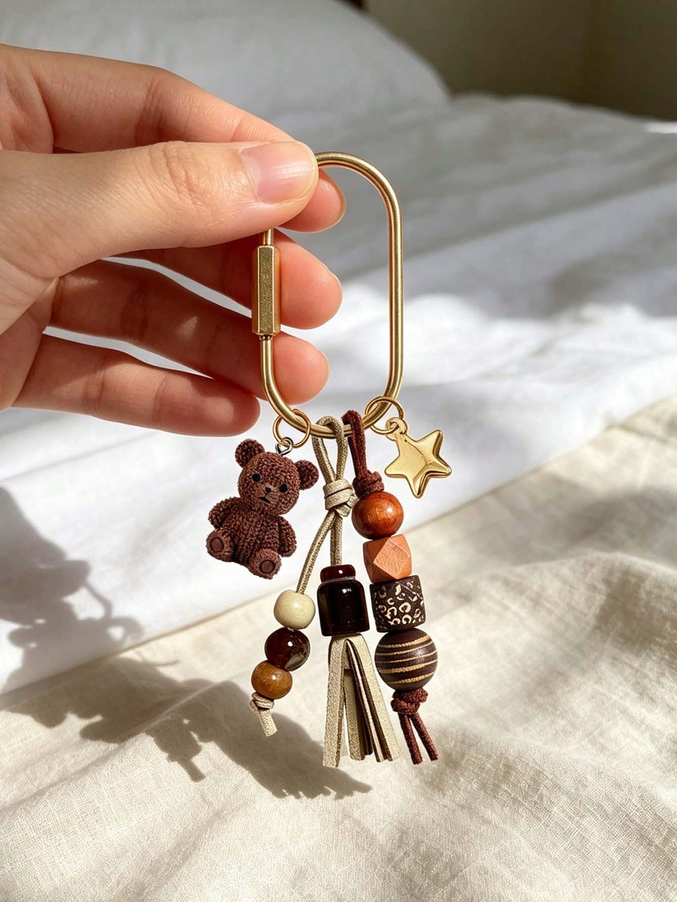 Bohemian Beaded Bag Charm, Vintage Beaded Keychain, Cute Bear And Star Pendant, Tassel Bag Charm, Brown Tone Bag Accessory, Neutral Style Wallet Charm, Handbag Accessory, Suitable For Keys, Wallets, H