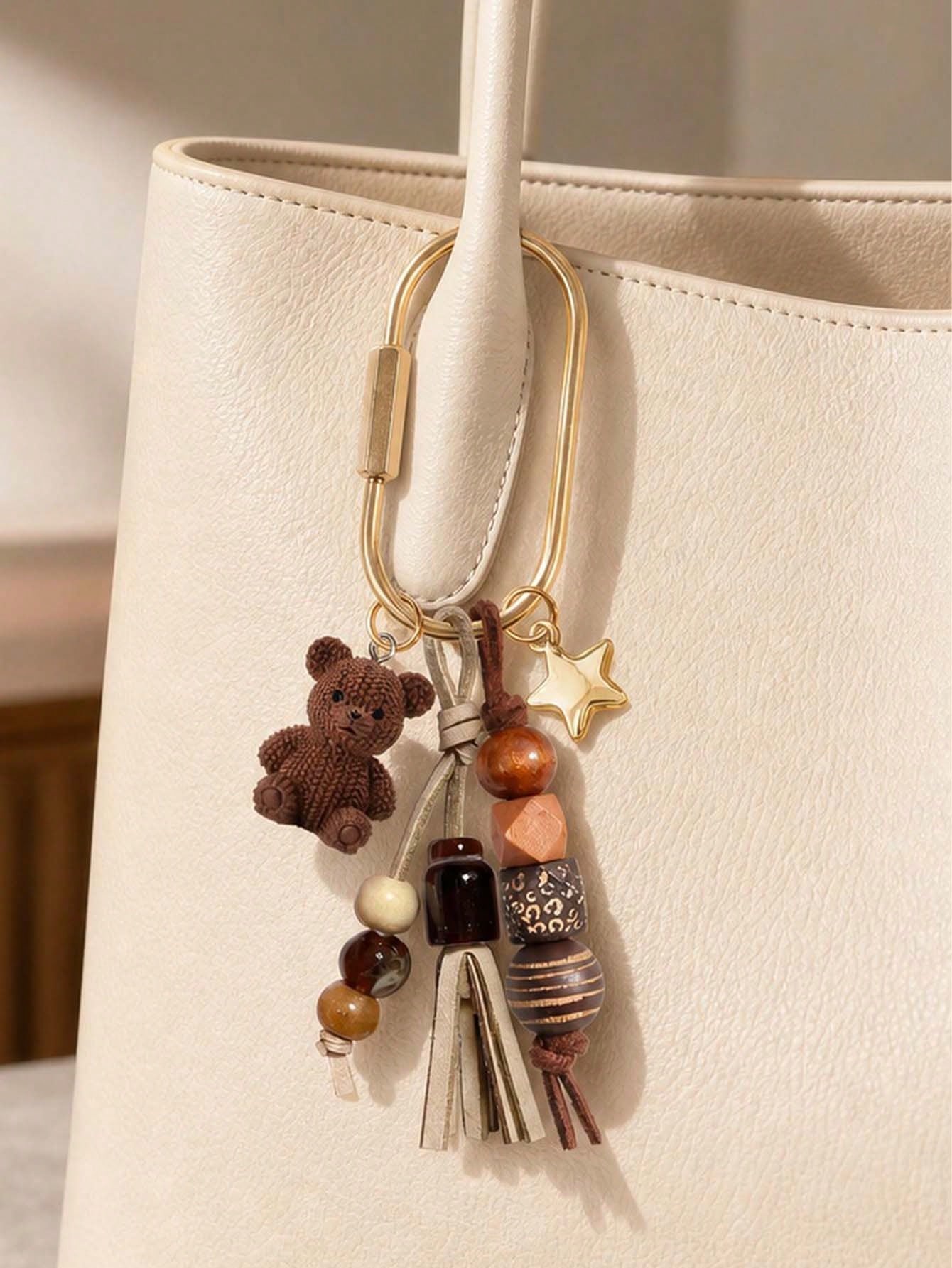 Bohemian Beaded Bag Charm, Vintage Beaded Keychain, Cute Bear And Star Pendant, Tassel Bag Charm, Brown Tone Bag Accessory, Neutral Style Wallet Charm, Handbag Accessory, Suitable For Keys, Wallets, H