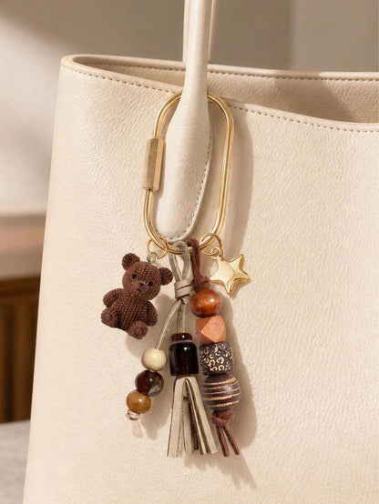 Bohemian Beaded Bag Charm, Vintage Beaded Keychain, Cute Bear And Star Pendant, Tassel Bag Charm, Brown Tone Bag Accessory, Neutral Style Wallet Charm, Handbag Accessory, Suitable For Keys, Wallets, H
