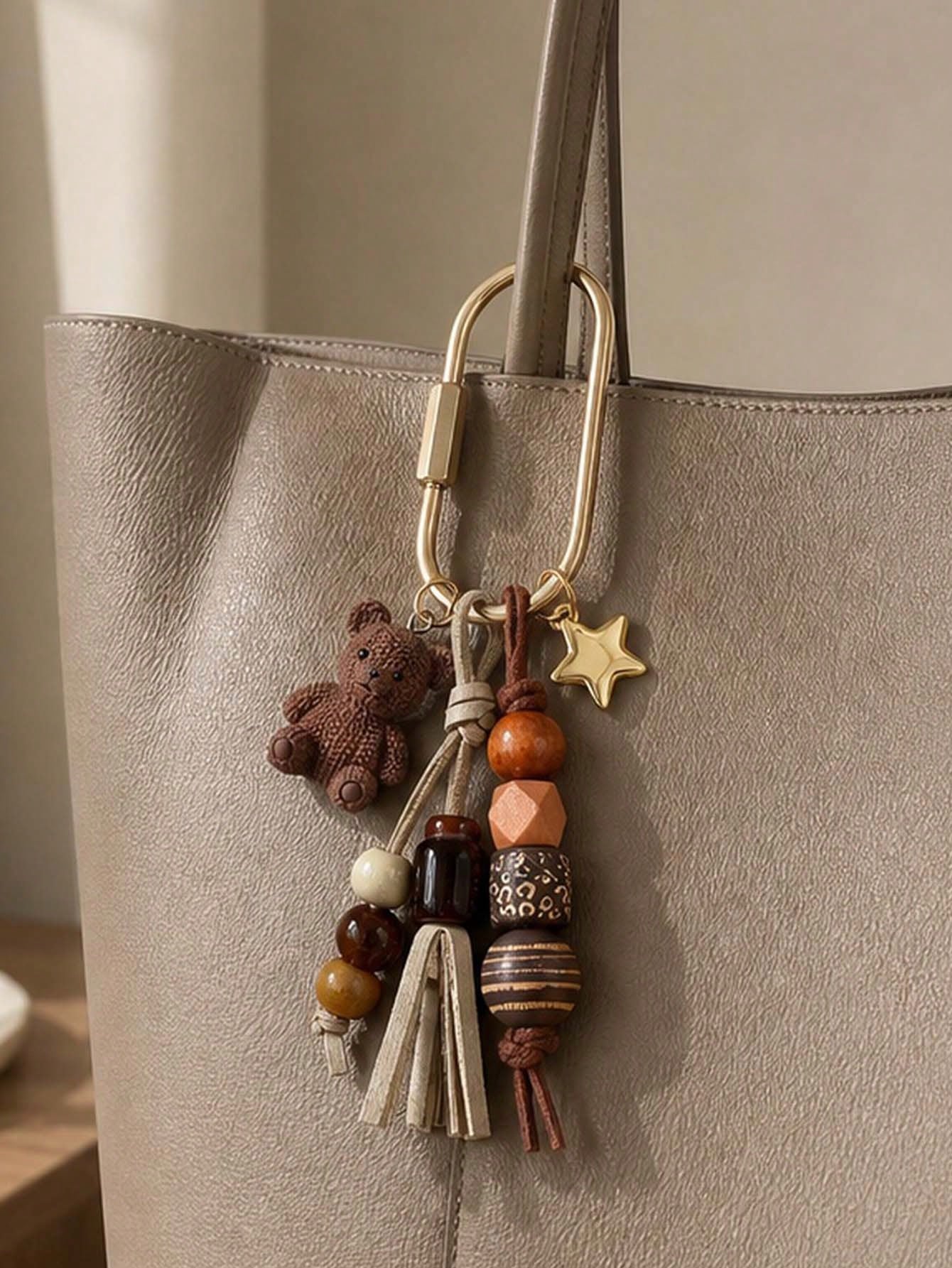 Bohemian Beaded Bag Charm, Vintage Beaded Keychain, Cute Bear And Star Pendant, Tassel Bag Charm, Brown Tone Bag Accessory, Neutral Style Wallet Charm, Handbag Accessory, Suitable For Keys, Wallets, H