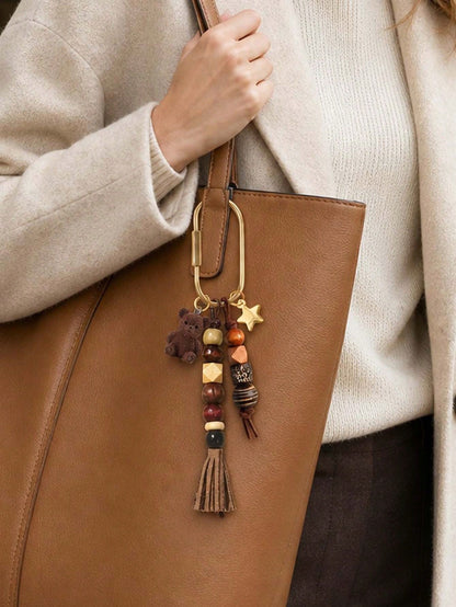 Bohemian Beaded Bag Charm, Vintage Beaded Keychain, Cute Bear And Star Pendant, Tassel Bag Charm, Brown Tone Bag Accessory, Neutral Style Wallet Charm, Handbag Accessory, Suitable For Keys, Wallets, H