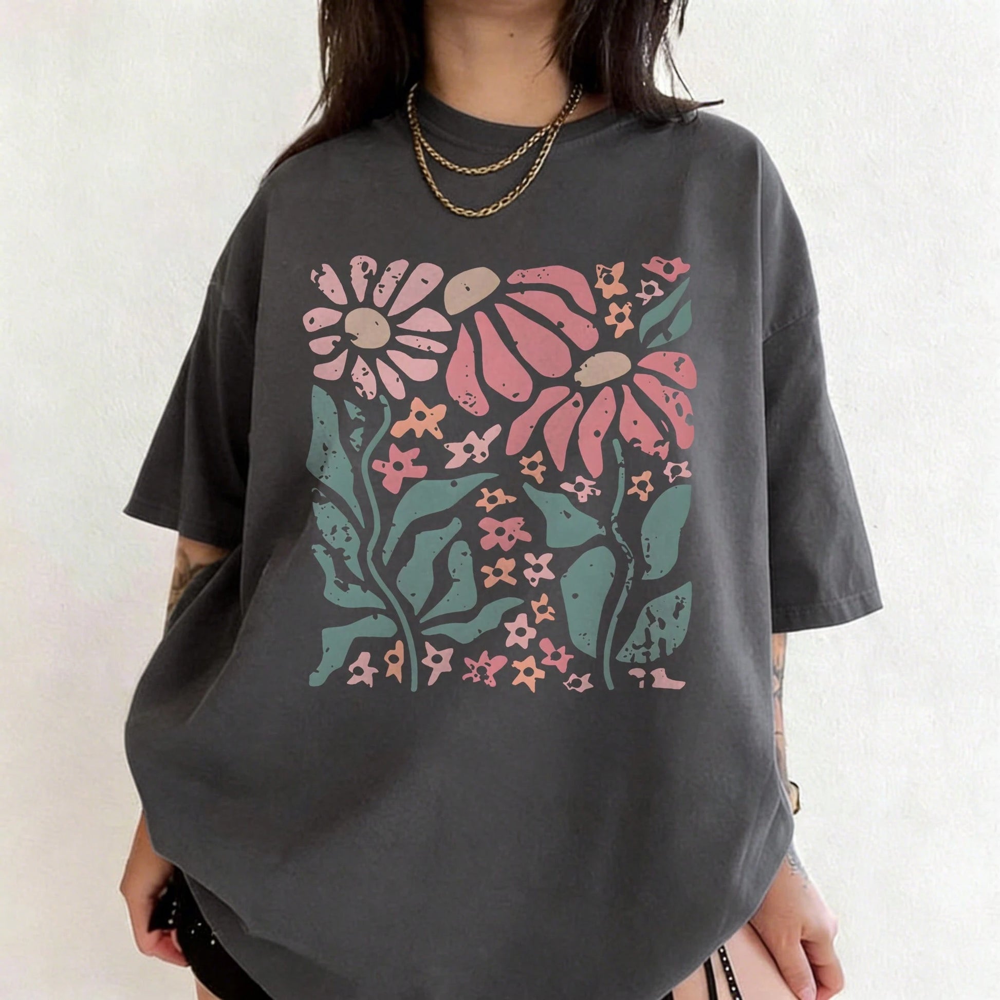 Boho Daisy Flower Tee Shirt Botanical Tee Boho Tee Wildflower Shirt Plant Shirt Retro Floral T-Shirt Gardener Gifts Casual Plus Size T-Shirt With Floral Print For Women Round Neck Short Sleeve Knitt