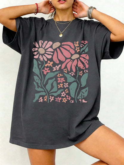 Boho Daisy Flower Tee Shirt Botanical Tee Boho Tee Wildflower Shirt Plant Shirt Retro Floral T-Shirt Gardener Gifts Casual Plus Size T-Shirt With Floral Print For Women Round Neck Short Sleeve Knitt