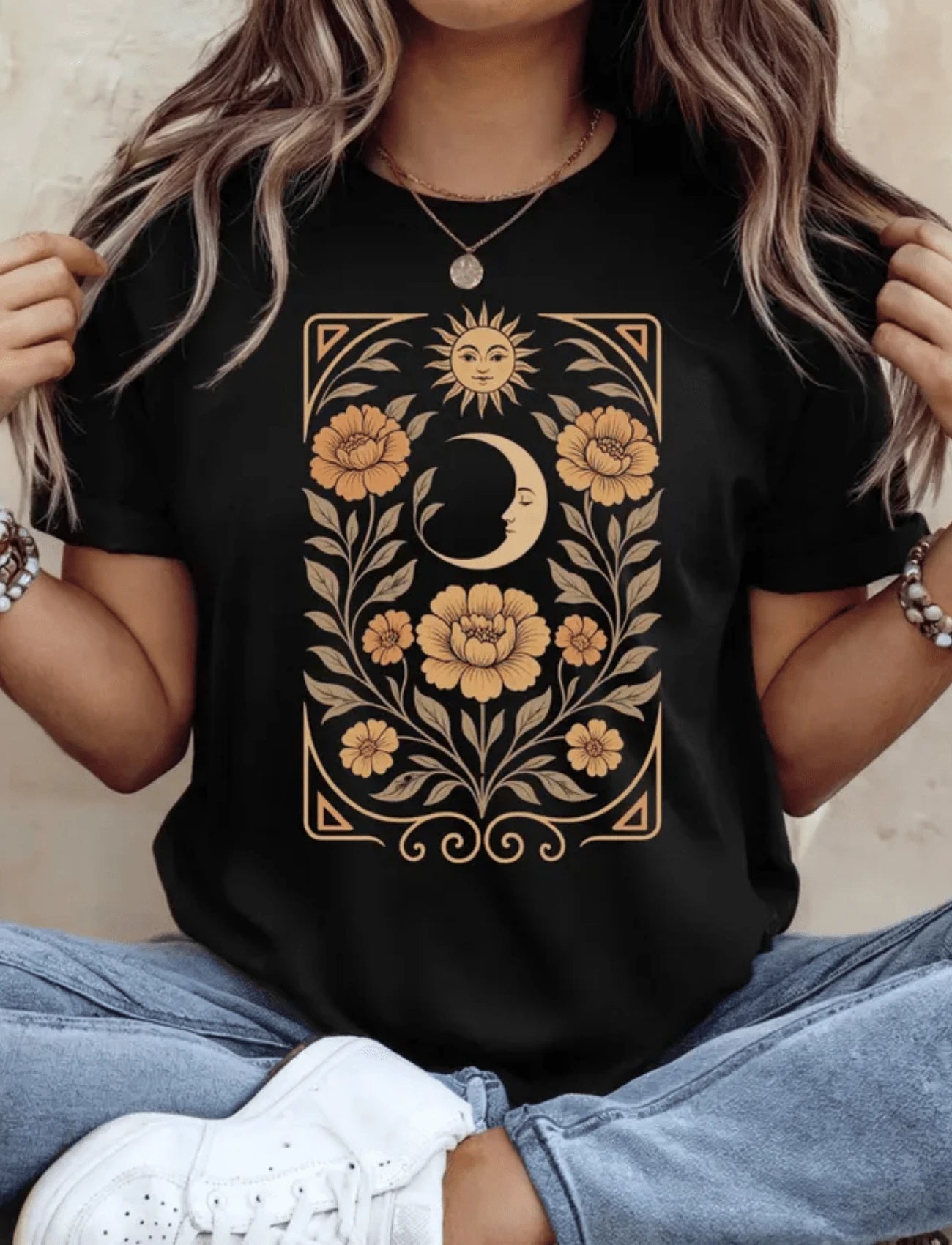 Boho Moon And Sun Spiritual Pattern T-Shirt, Flower Shirt, Artsy Tee, Botanical Tee, Aesthetic T-Shirt, Floral Boho Tee