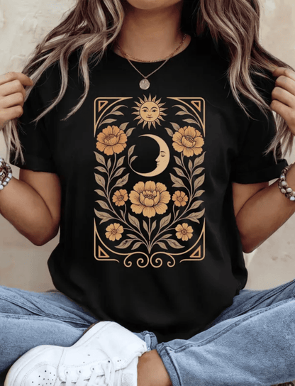 Boho Moon And Sun Spiritual Pattern T-Shirt, Flower Shirt, Artsy Tee, Botanical Tee, Aesthetic T-Shirt, Floral Boho Tee