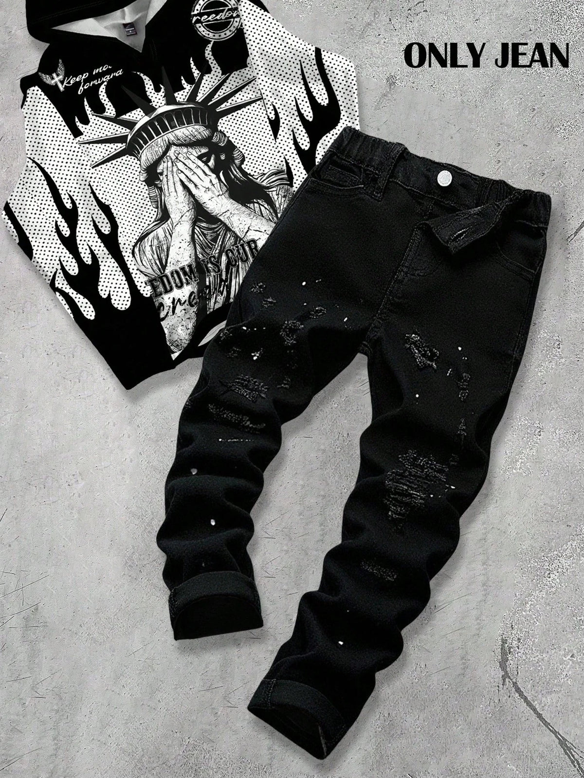 Bolty New Vintage Young Boy Fashion Casual Soft Splatter Paint Ripped Frayed Skinny Black Jeans Fall Winter,Casual And Versatile Fall/Winter Dailywear And Streetwear, Christmas, New Year,Thanksg