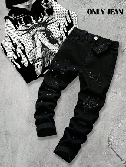 Bolty New Vintage Young Boy Fashion Casual Soft Splatter Paint Ripped Frayed Skinny Black Jeans Fall Winter,Casual And Versatile Fall/Winter Dailywear And Streetwear, Christmas, New Year,Thanksg