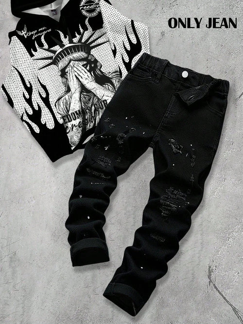 Bolty New Vintage Young Boy Fashion Casual Soft Splatter Paint Ripped Frayed Skinny Black Jeans Fall Winter,Casual And Versatile Fall/Winter Dailywear And Streetwear, Christmas, New Year,Thanksg