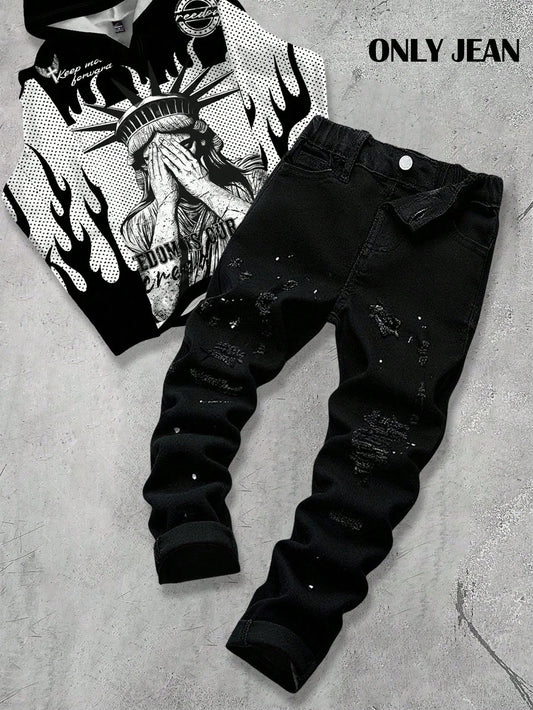 Bolty New Vintage Young Boy Fashion Casual Soft Splatter Paint Ripped Frayed Skinny Black Jeans Fall Winter,Casual And Versatile Fall/Winter Dailywear And Streetwear, Christmas, New Year,Thanksg