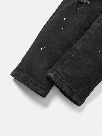 Bolty New Vintage Young Boy Fashion Casual Soft Splatter Paint Ripped Frayed Skinny Black Jeans Fall Winter,Casual And Versatile Fall/Winter Dailywear And Streetwear, Christmas, New Year,Thanksg