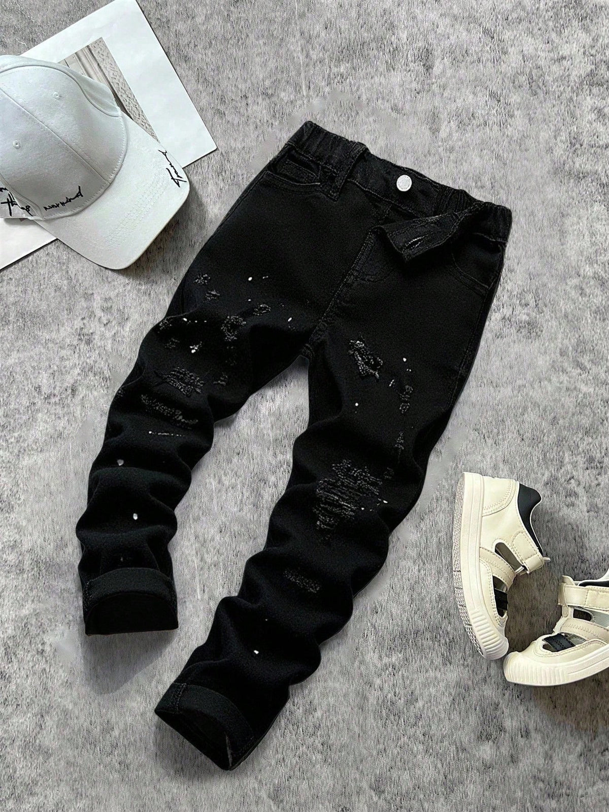 Bolty New Vintage Young Boy Fashion Casual Soft Splatter Paint Ripped Frayed Skinny Black Jeans Fall Winter,Casual And Versatile Fall/Winter Dailywear And Streetwear, Christmas, New Year,Thanksg